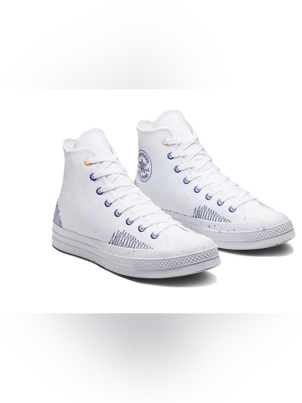 Unisex White High Top Converse with Blue Accents